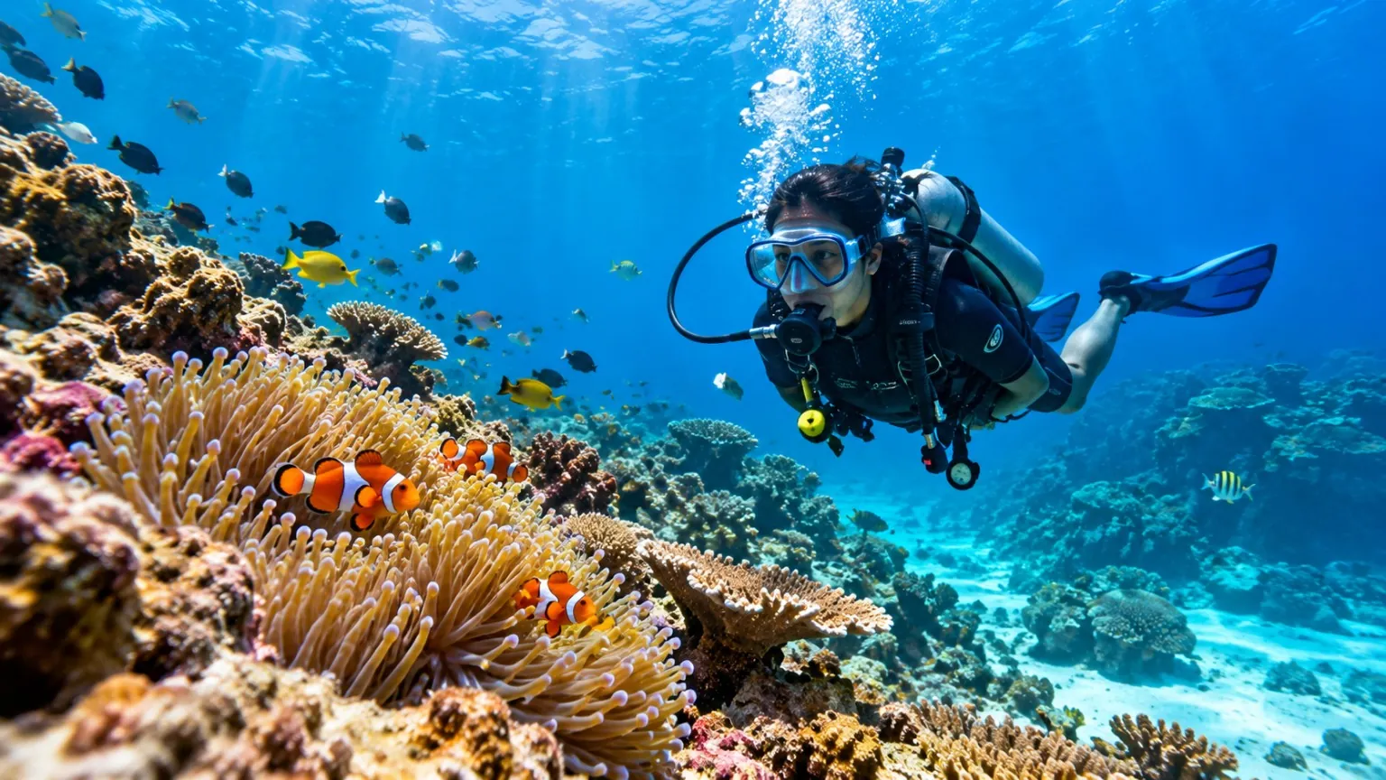 Scuba diving among coral reefs in Andaman